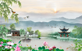 原创荷花山水风景画忆江南背景墙