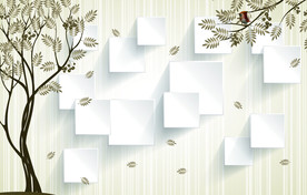 立体方块简约树鸟图片