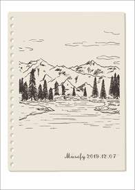 雪山湖泊素描画