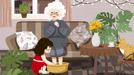 女孩帮老奶奶洗脚插画