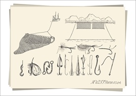 16款入渔具渔网鱼钩手绘稿