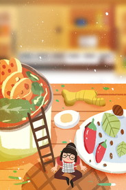 手绘美食火锅麻辣烫炸鸡面插画