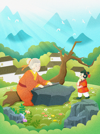 铁杵磨针成语故事插画