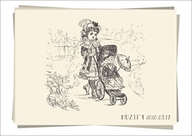 推婴儿车的贵族少女素描画