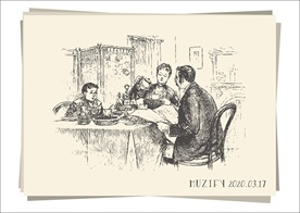 一家三口晚餐素描画