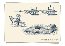 雪橇与雪橇犬 素描画