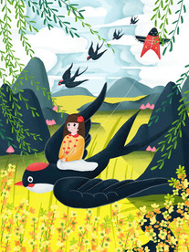 柳树油菜花燕子放风筝小清新插画