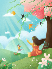 小清新二十四节气之春分绿色插画