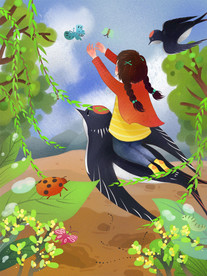 手绘惊蛰坐着燕子的女孩插画图片