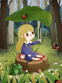 手绘绿叶青蛙女孩插画