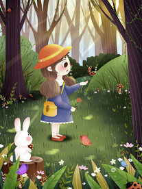 手绘抓昆虫的女孩插画图片