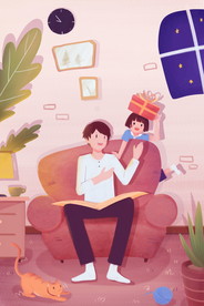 父亲节父亲和女儿沙发花猫插画