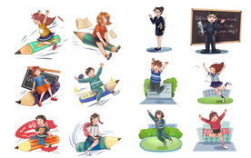 开学季小清新学生老师卡通手绘图