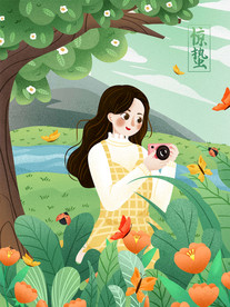 花丛中拍照女孩插画图片