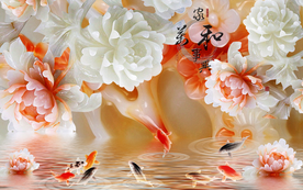 玉雕牡丹九鱼图电视背景壁画图