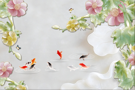 牡丹玉兰彩雕九鱼图家和电视背景