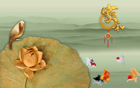 木雕家和荷花九鱼图电视背景