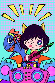 蒸汽波怪兽音乐吉它女孩插画