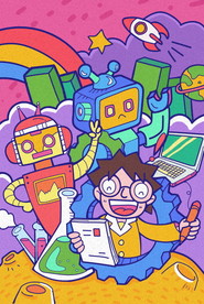 手绘蒸汽波男孩机器人科技插画