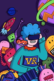 手绘蒸汽波男孩VR科技插画