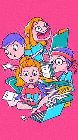 蒸汽波学习男孩女孩插画