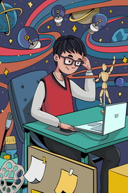 蒸汽波男孩认真学习插画