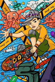 蒸汽波时尚滑板男孩插画