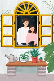 看着窗外的情侣插画图片