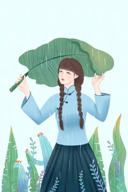 古典树叶女孩插画