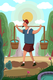 挑水插画