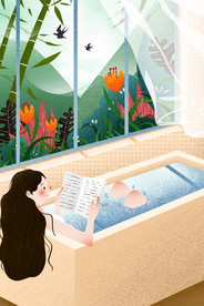 浴缸看书女孩插画