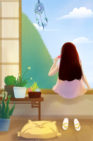 夏季窗台吃冰棒的女孩插画