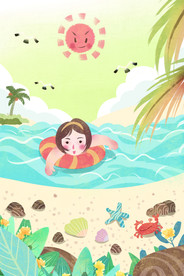 夏季海里游泳女孩插画