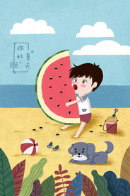 海边沙滩抱西瓜的男孩插画