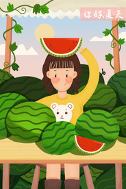 夏季西瓜女孩插画