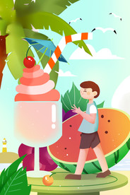 夏季西瓜饮料男孩插画