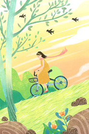 手绘夏天骑车女孩插画