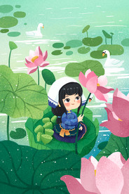 夏季荷塘女孩插画