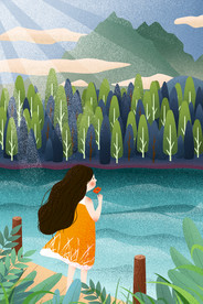 夏季花朵女孩插画