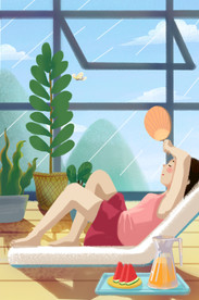 夏天乘凉女孩插画