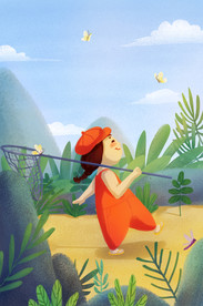 夏天扑蝶女孩插画