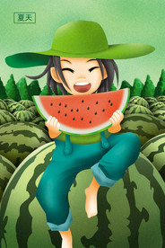 吃西瓜的女孩插画