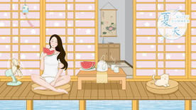 坐着吃西瓜的女孩插画