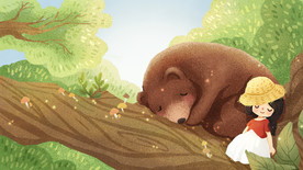 森林熊和帽子女孩插画图片