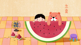 吃西瓜小熊男孩插画