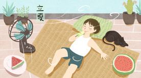 乘凉吃西瓜男孩插画