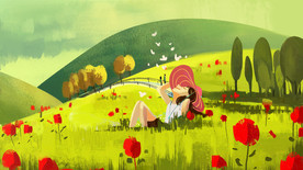 油画风草地女孩插画