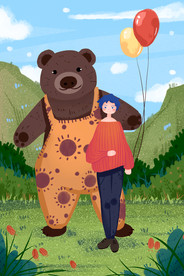 卡通熊和男孩儿童节插画图片