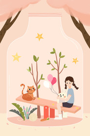 手绘女孩和猫插画