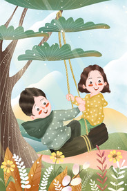 儿童荡秋千插画